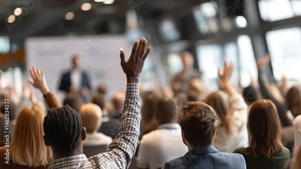 Fototapeta Audience Participation Diverse People Hands Raised Conference Meeting Active Q A Session Engaged Attendees Business Seminar Group Discussion