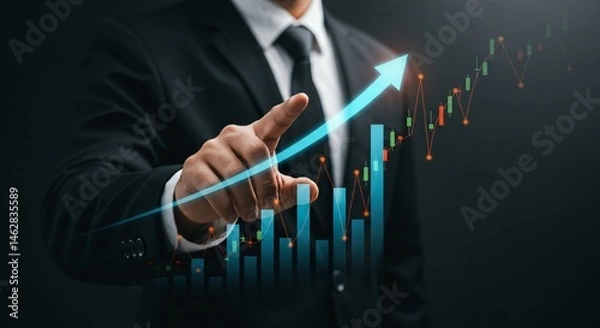 Fototapeta Hand Pointing at Growth Arrow with Up Icon, Representing Business Success, Stock Market Investment, Finance Development, and Goal Achievement.