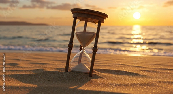 Obraz Hourglass symbolizing transience of time at sunset on the beach  