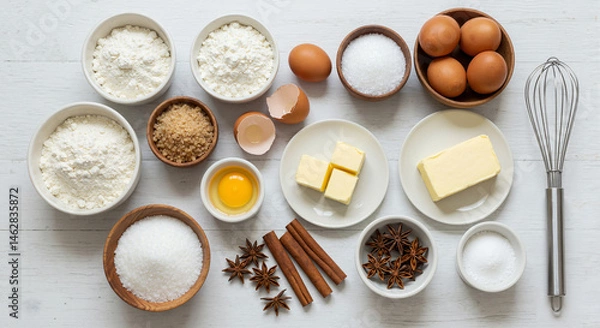 Obraz Baking ingredients arranged on a table with a whisk  