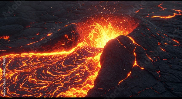 Obraz Molten lava flowing from an erupting volcano at night  