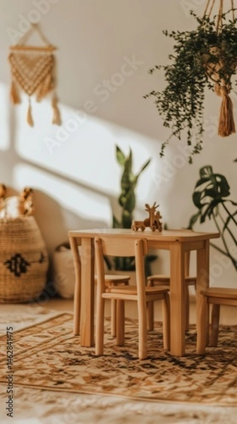Fototapeta A brightly lit room with a lot of wooden furniture and a lot of chairs. The room is filled with children's toys and books