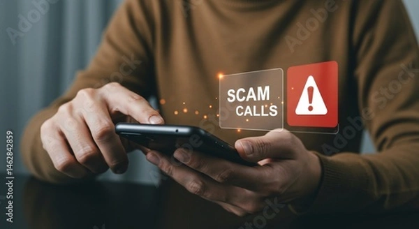 Obraz Spam Call Alert and Cyber Scam Warning on Smartphone. Person Gets Unknown Call Notification, Emphasizing the Urgency of Digital Privacy and Mobile Protection.