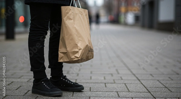 Obraz Person standing with shopping bag on urban sidewalk  