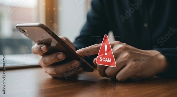Fototapeta Person Receives Scam Call Alert with Spam Notification on Phone. Cyber Threat Icons Highlight Importance of Smartphone Security and Privacy Protection.
