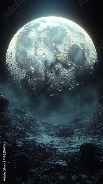 Obraz Full Moon Over Rugged Lunar Terrain with Craters and Starry Sky Photo