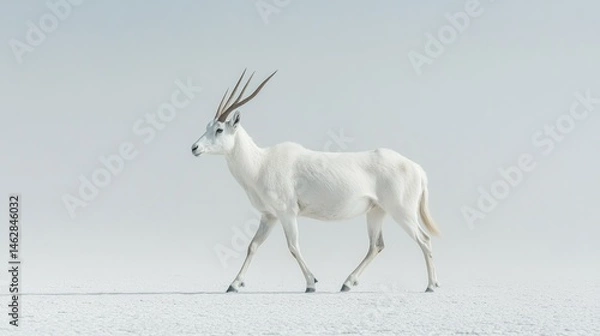 Fototapeta White antelope walking salt flat, desert background, wildlife photography