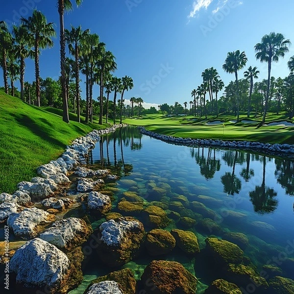Fototapeta Tranquil Golf Course Setting with Palm Trees and Glimmering Reflection Picture