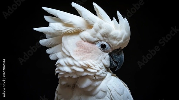 Fototapeta White cockatoo portrait, dark background, zoo animal