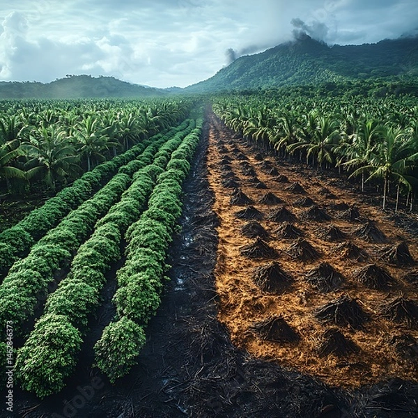 Obraz Dividing Line Between Lush Green Forest and Cleared Land in Mist Picture
