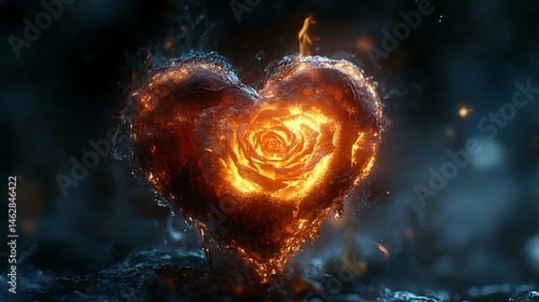 Obraz Fiery Heart Glowing with Black Rose High Resolution Photo
