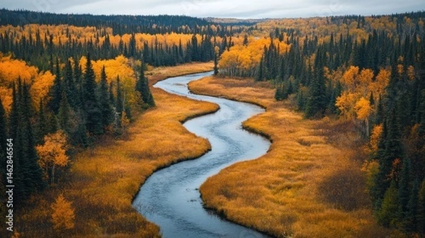 Fototapeta Winding river through autumn forest, aerial view
