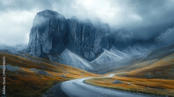 Fototapeta Winding road through autumnal mountain pass, dramatic clouds. Landscapes