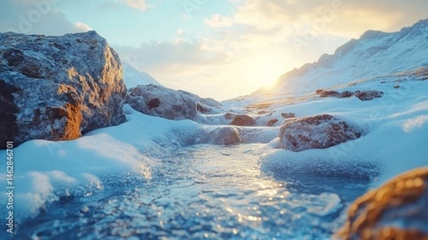 Fototapeta Winter stream flows through snowy mountains at sunset