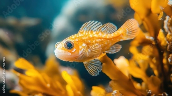 Fototapeta Yellow fish swims kelp forest, ocean background; underwater nature