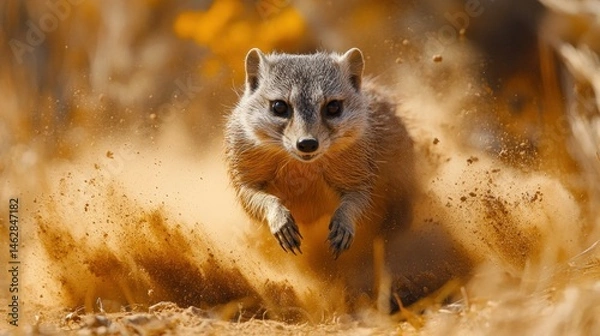 Fototapeta Yellow mongoose running, desert dust, wildlife