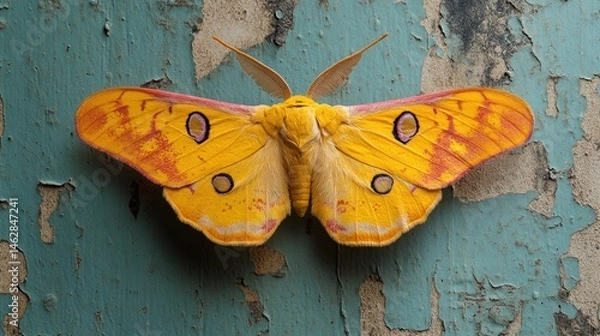 Fototapeta Yellow moth on weathered wall, macro view