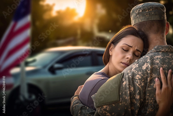 Fototapeta Woman hugging returning soldier tightly with emotion in a warm sunset setting for Veterans Day (USA) and copy space
