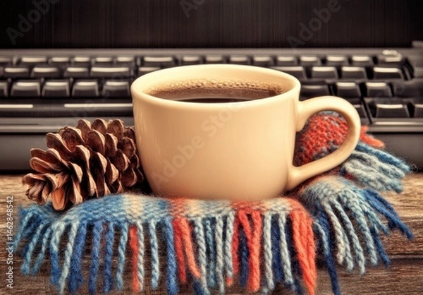 Fototapeta Cozy coffee break.  A warm cup of coffee, nestled in a colorful scarf, beside a pine cone on a wooden surface near a keyboard