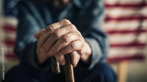 Fototapeta Folded hands on cane resting gently with an American flag background for Veterans Day (USA) and copy space