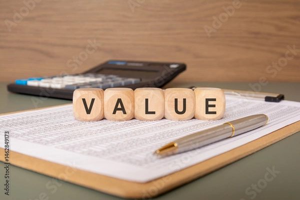 Obraz Wooden cubes spelling VALUE on financial spreadsheet with pen and calculator