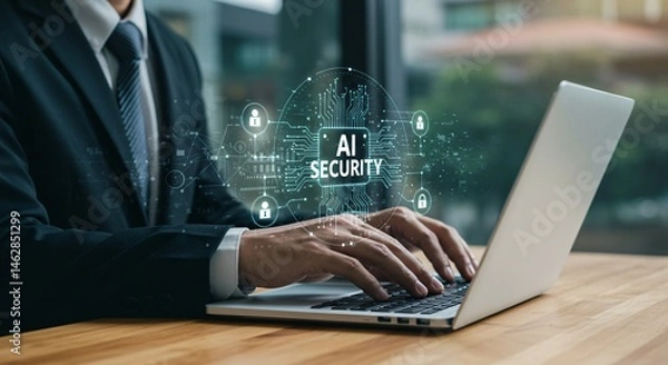 Fototapeta AI-Powered Cybersecurity Displayed on Laptop as Businessman Works. Securing Data with Artificial Intelligence in Global Digital Networks
