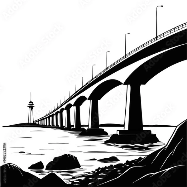 Obraz Confederation Bridge is one of the most famous bridges in Canada, black and white, white background, vector Silhouette