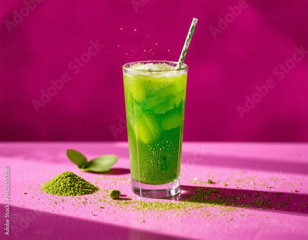 Fototapeta Matcha Sparkle cocktail with vivid green color and edible glitter, combining wellness trends with stylish, modern presentation