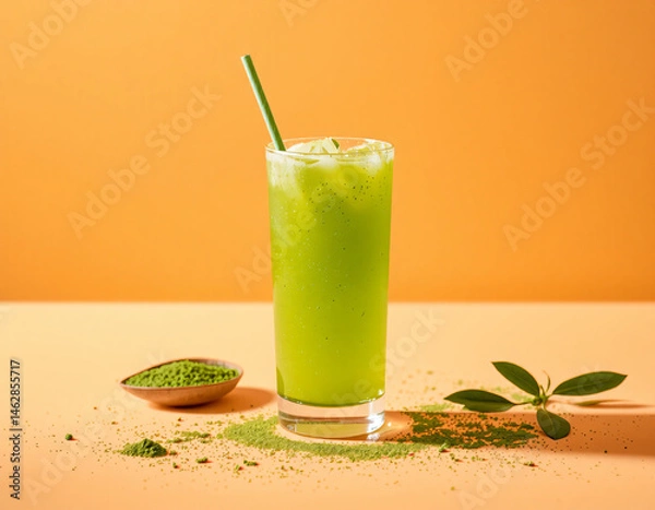 Fototapeta Matcha Sparkle cocktail with vivid green color and edible glitter, combining wellness trends with stylish, modern presentation