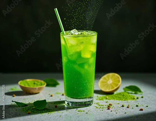Fototapeta Matcha Sparkle cocktail with vivid green color and edible glitter, combining wellness trends with stylish, modern presentation