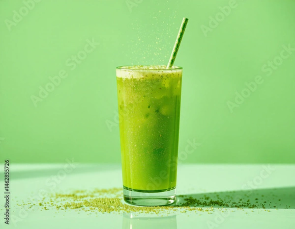 Fototapeta Matcha Sparkle cocktail with vivid green color and edible glitter, combining wellness trends with stylish, modern presentation