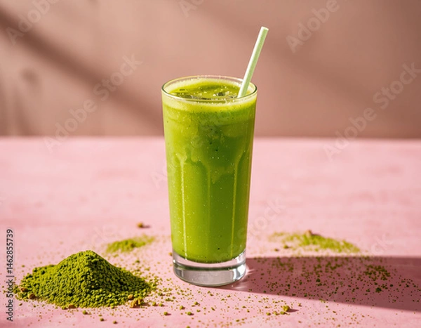 Fototapeta Matcha Sparkle cocktail with vivid green color and edible glitter, combining wellness trends with stylish, modern presentation