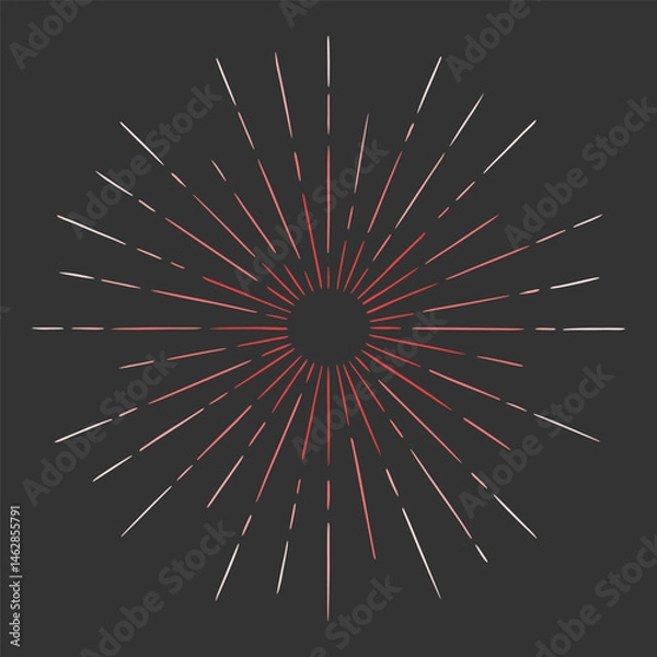 Fototapeta Vector hand drawn illustration of light rays, firework, sunburst. Vintage style element, round frame, isolated on black background.