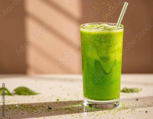 Fototapeta Matcha Sparkle cocktail with vivid green color and edible glitter, combining wellness trends with stylish, modern presentation