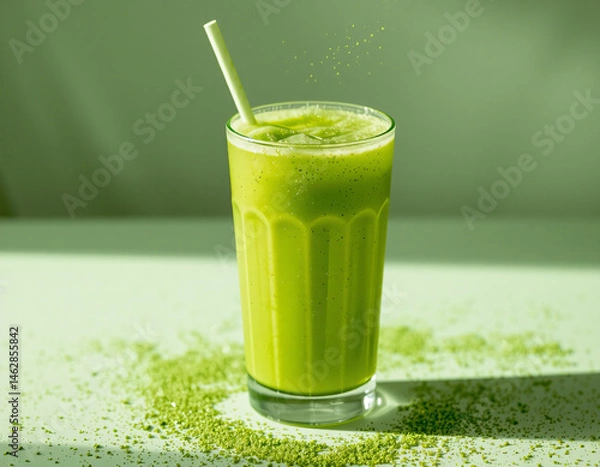 Fototapeta Matcha Sparkle cocktail with vivid green color and edible glitter, combining wellness trends with stylish, modern presentation