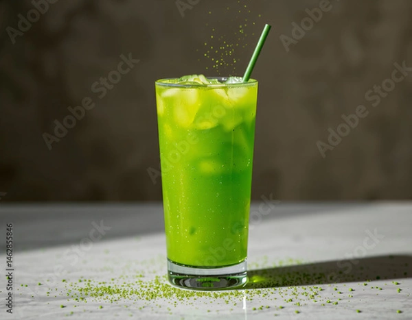 Fototapeta Matcha Sparkle cocktail with vivid green color and edible glitter, combining wellness trends with stylish, modern presentation