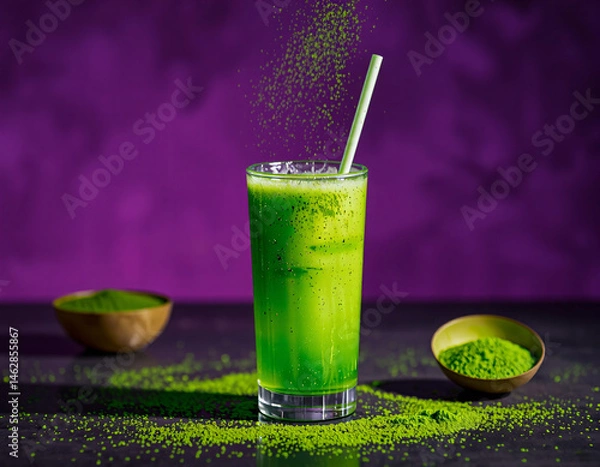 Fototapeta Matcha Sparkle cocktail with vivid green color and edible glitter, combining wellness trends with stylish, modern presentation