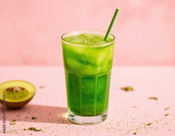 Fototapeta Matcha Sparkle cocktail with vivid green color and edible glitter, combining wellness trends with stylish, modern presentation