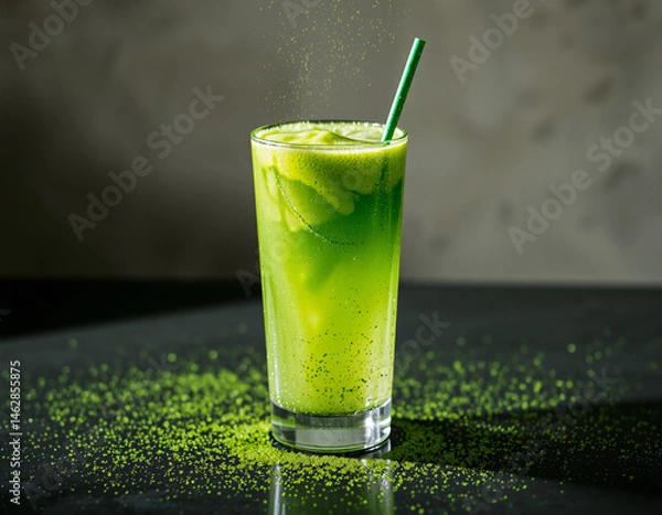 Fototapeta Matcha Sparkle cocktail with vivid green color and edible glitter, combining wellness trends with stylish, modern presentation