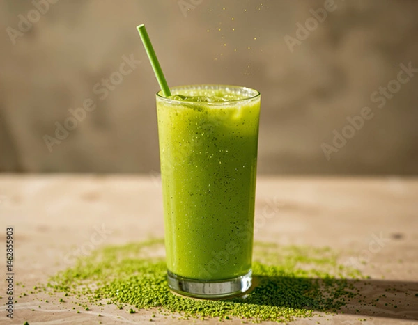 Fototapeta Matcha Sparkle cocktail with vivid green color and edible glitter, combining wellness trends with stylish, modern presentation