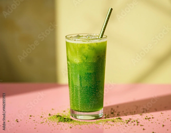 Fototapeta Matcha Sparkle cocktail with vivid green color and edible glitter, combining wellness trends with stylish, modern presentation