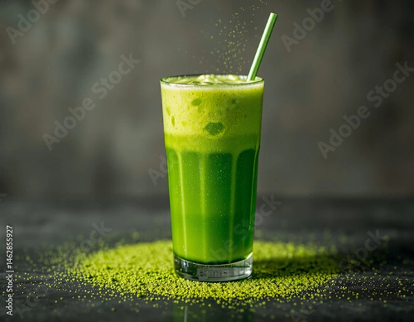 Fototapeta Matcha Sparkle cocktail with vivid green color and edible glitter, combining wellness trends with stylish, modern presentation