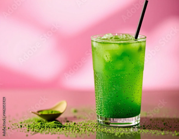 Fototapeta Matcha Sparkle cocktail with vivid green color and edible glitter, combining wellness trends with stylish, modern presentation