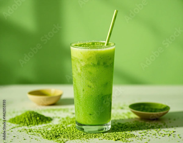 Fototapeta Matcha Sparkle cocktail with vivid green color and edible glitter, combining wellness trends with stylish, modern presentation