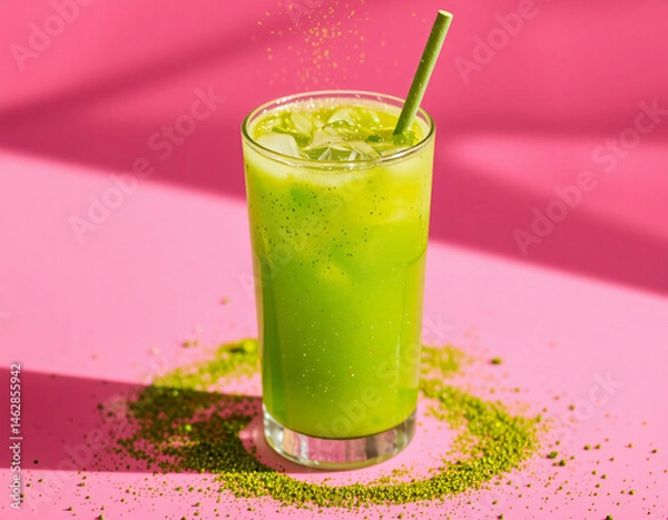 Fototapeta Matcha Sparkle cocktail with vivid green color and edible glitter, combining wellness trends with stylish, modern presentation