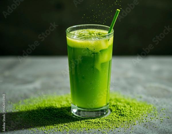 Fototapeta Matcha Sparkle cocktail with vivid green color and edible glitter, combining wellness trends with stylish, modern presentation