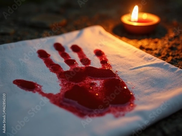 Fototapeta A close-up view of a bloodied handprint on a white cloth rests beside a softly glowing oil lamp, evoking themes of sacrifice and tension in dim light.