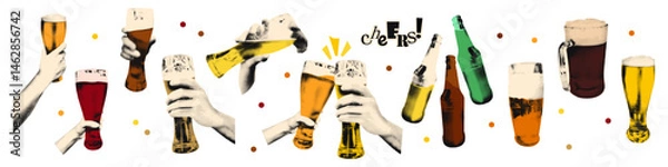 Fototapeta Trendy halftone collage elements set. Cutout hands holding glasses and mug of beer, bottles with vintage dotted texture and doodles. Modern retro vector illustration for mixed media design