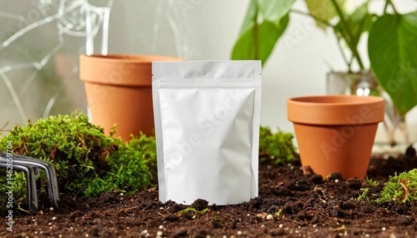 Fototapeta Overgrown Greenhouse Table with Blank Seed Packet Display
