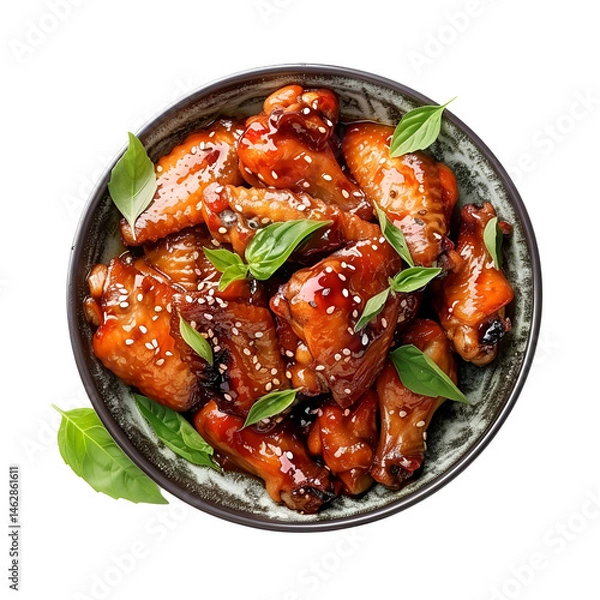 Fototapeta Sticky Honey Garlic Chicken Wings with Sesame and Herbs on a transparent background 